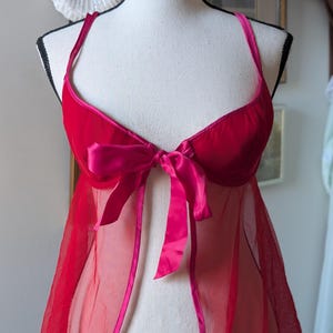 Vintage Y2K Sheer Red Lingerie Top – Hot Pink Ribbon Tie, Romantic 2000s Babydoll Camisole | Size S M