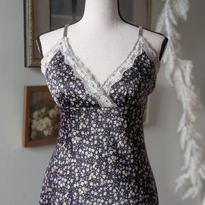 Vintage Y2K Bernardi Collection Floral Slip Dress - Black with Pastel Flowers, Lace Trim Size M