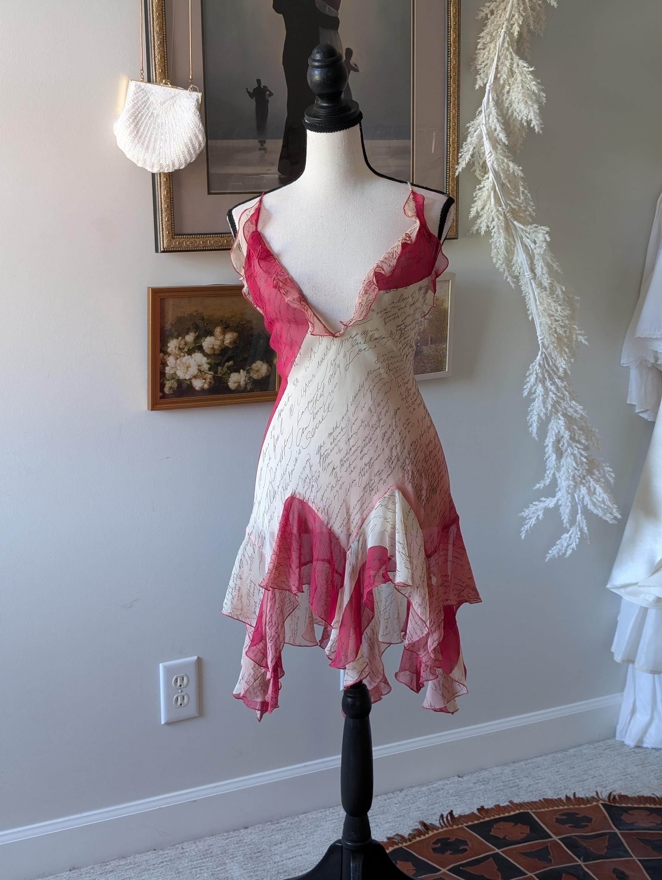 Rare 2004 Victoria's Secret Script Print Ruffle Slip Dress  Sheer Pink &  Ivory Handkerchief Hem, Crisscross Back Lingerie Nightgown - Etsy