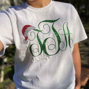 Glitter Christmas monogram with santa hat t-shirt | Green red silver | girly christmas tee with glitter | toddler | Women | holidays | gift