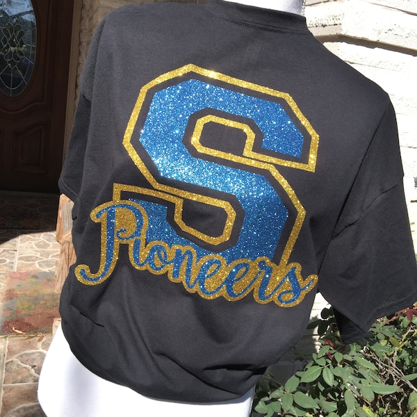 Customizable spirit shirt with mascot and letter | School colors spirit shirt with glitter | Girly spirit shirt with mascot | school t-shrit