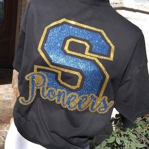 Customizable spirit shirt with mascot and letter | School colors spirit shirt with glitter | Girly spirit shirt with mascot | school t-shirt