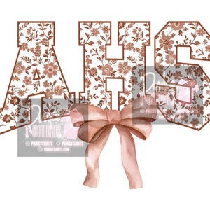 May include: A floral design featuring the letters AHS in a brown color, with a white background. The letters are filled with a floral pattern. A watercolor bow in a light brown color is at the bottom of the letters.
