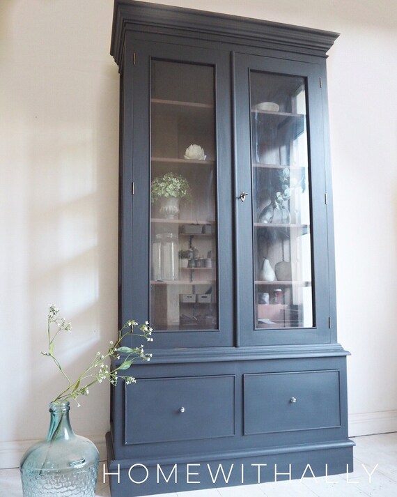 Sold Sold Sold Large Bookcase Cabinet Glass Doors Painted In Dark Grey Black Paint Solid Wood