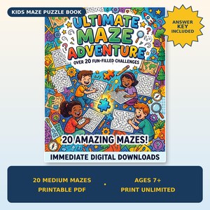 May include: A colorful kids maze puzzle book titled Ultimate Maze Adventure with over 20 fun-filled challenges. The cover features illustrations of children solving mazes, a glowing puzzle piece, and text stating 20 amazing mazes and answer key included.