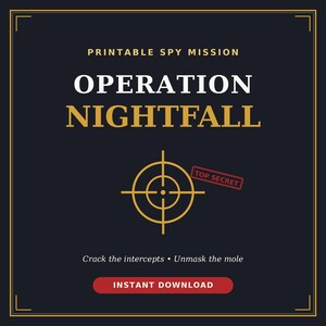 May include: A dark navy blue printable spy mission game card titled OPERATION NIGHTFALL in white and gold text. It features a gold crosshair target, a red TOP SECRET stamp, and the text Crack the intercepts, Unmask the mole and INSTANT DOWNLOAD.