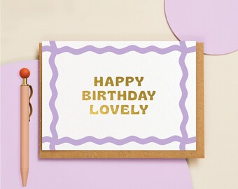 Happy birthday lovely lilac ric rac card | Gold hot foiled