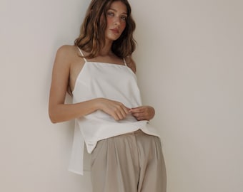 White Tencel Tank Top, 90s Minimalist Blouse
