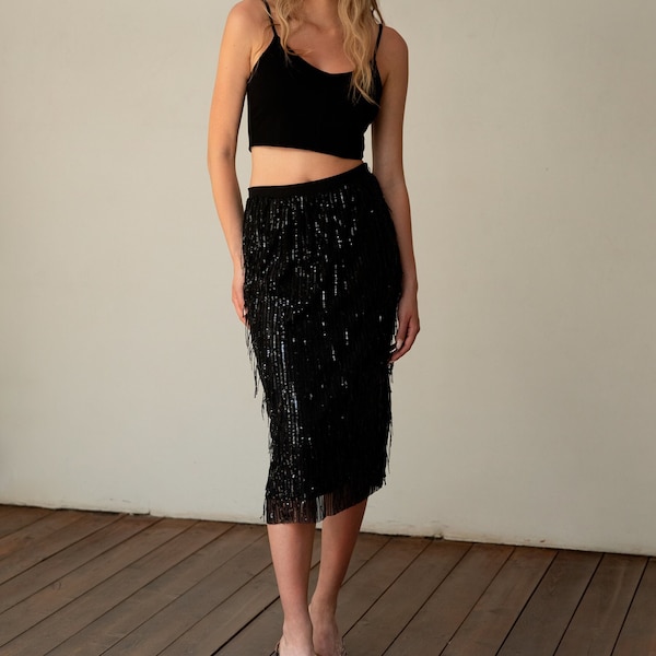 Sequins black skirt, statement piece midi skirt, elegant skirt with fringes, 20s style skirt, rock style unique skirt with sequins