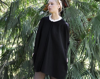 Black Wool Cape / Minimalist Style Cape Coat / Black Cloak / One size fits all