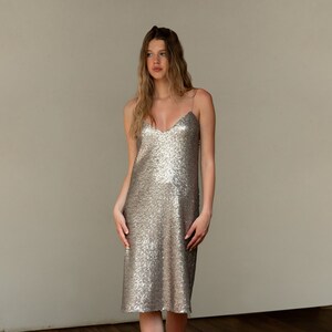 Silver sequin midi dress, party slip dress, wedding guest outfit, timeless style