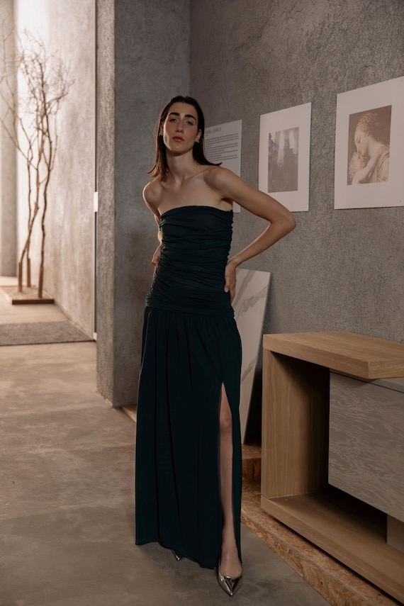 Forest Green Tulle Maxi Dress, Strapless Slit Evening Gown