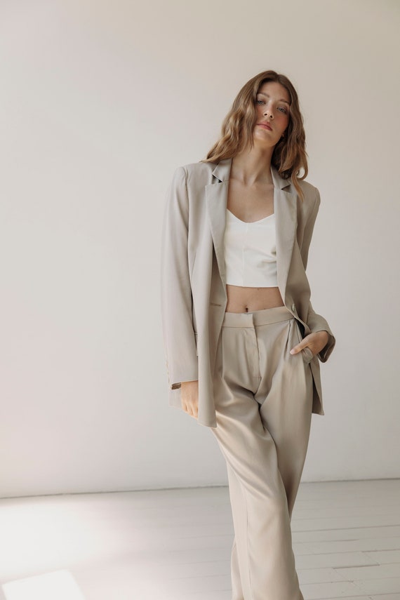 Beige Blazer in Tencel, Minimalistic Style Jacket, '90