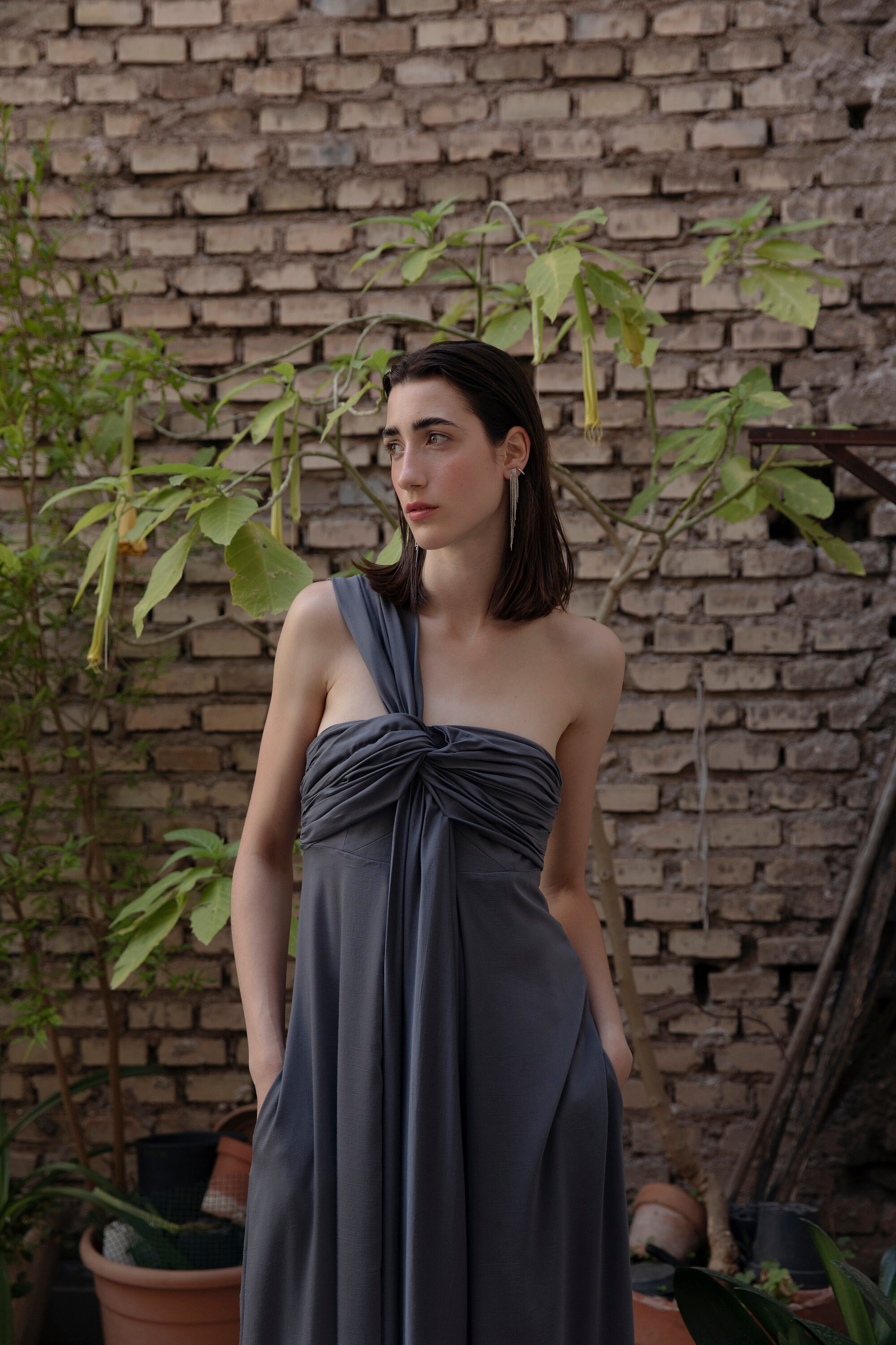 sachin and babi light blue dress Draped Strapless Maxi Dress, Dark Grey Viscose, Made in Italy