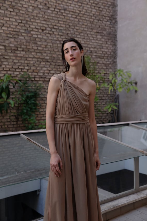 Beige Tulle Maxi Dress, Asymmetrical Slit Gown, Made in Italy