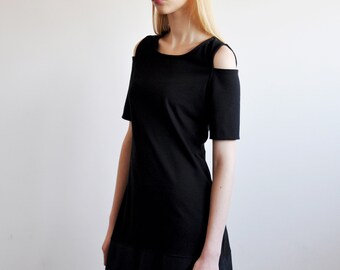 Black dress with A-line shape / Simple black dress with open shoulders and silk section /  Minimalistic style