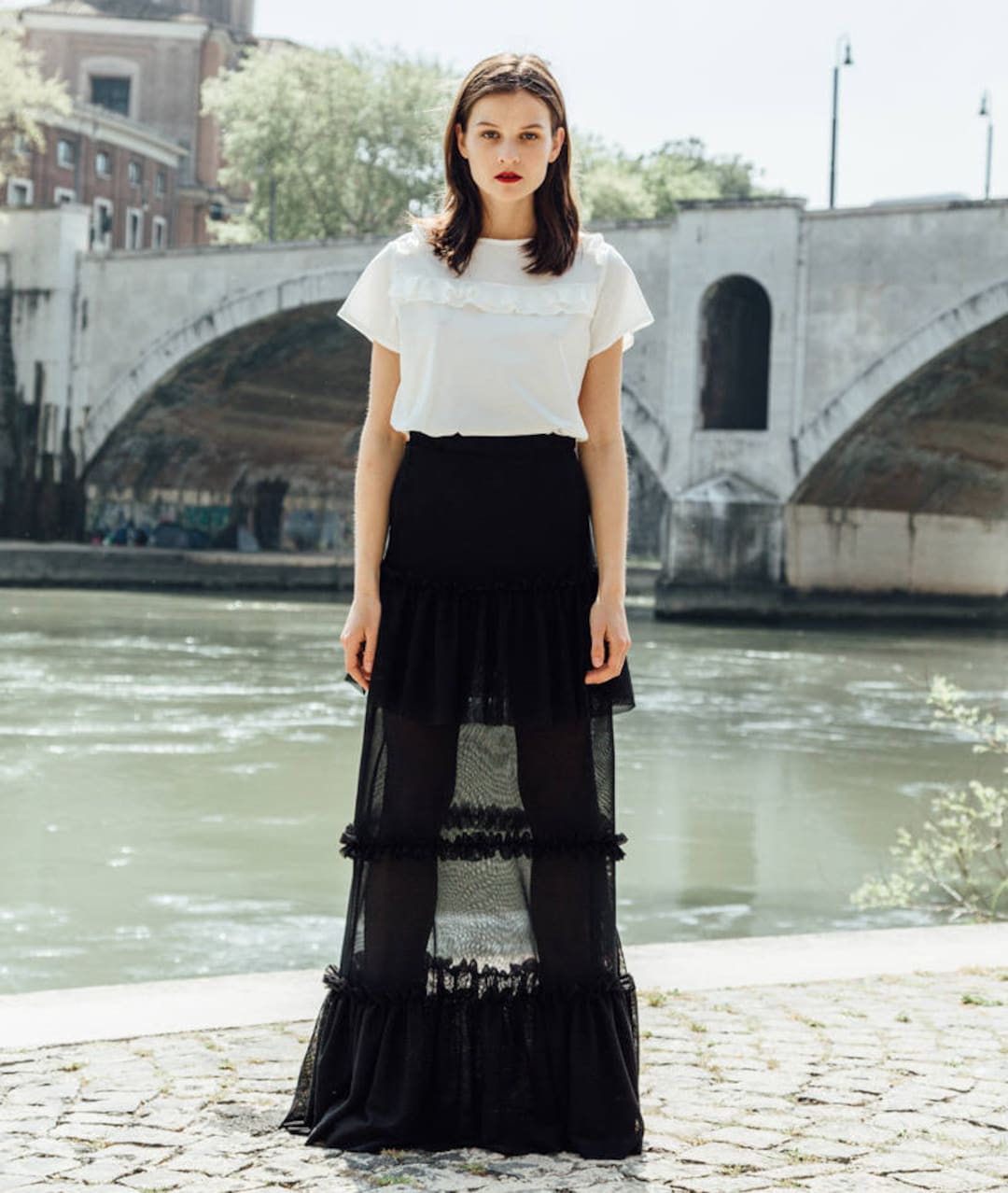 フラメンコ reel of lyricism tulle skirt : black Rosalie Rock Black Tulle Maxi Skirt | Parallel