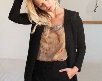 Black cardigan in jersey with satin shoulders, casual alternative to blazer