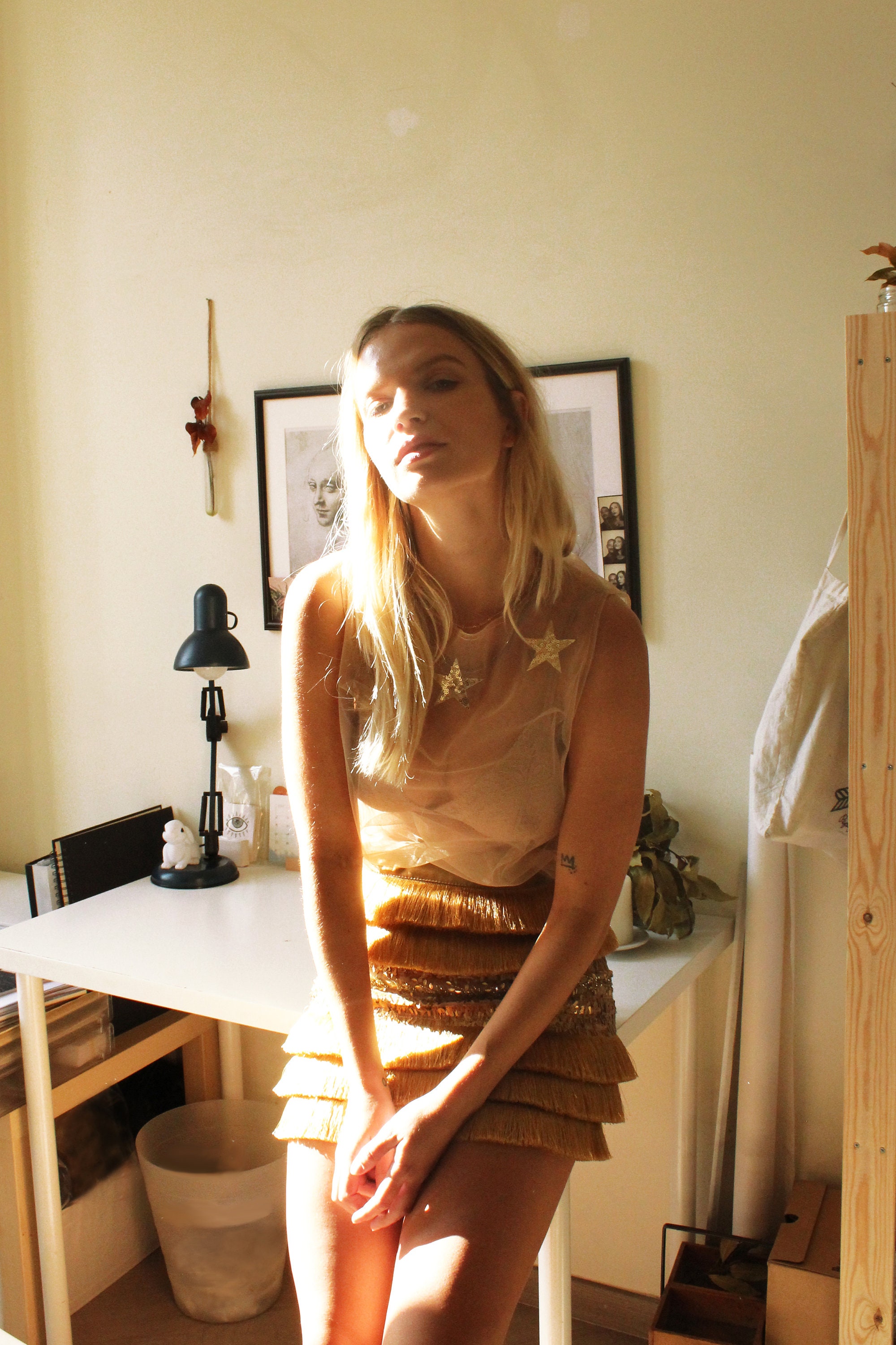 Mesh Nude Top With Glitter Stars / See Through Sleeveless Top / Sheer