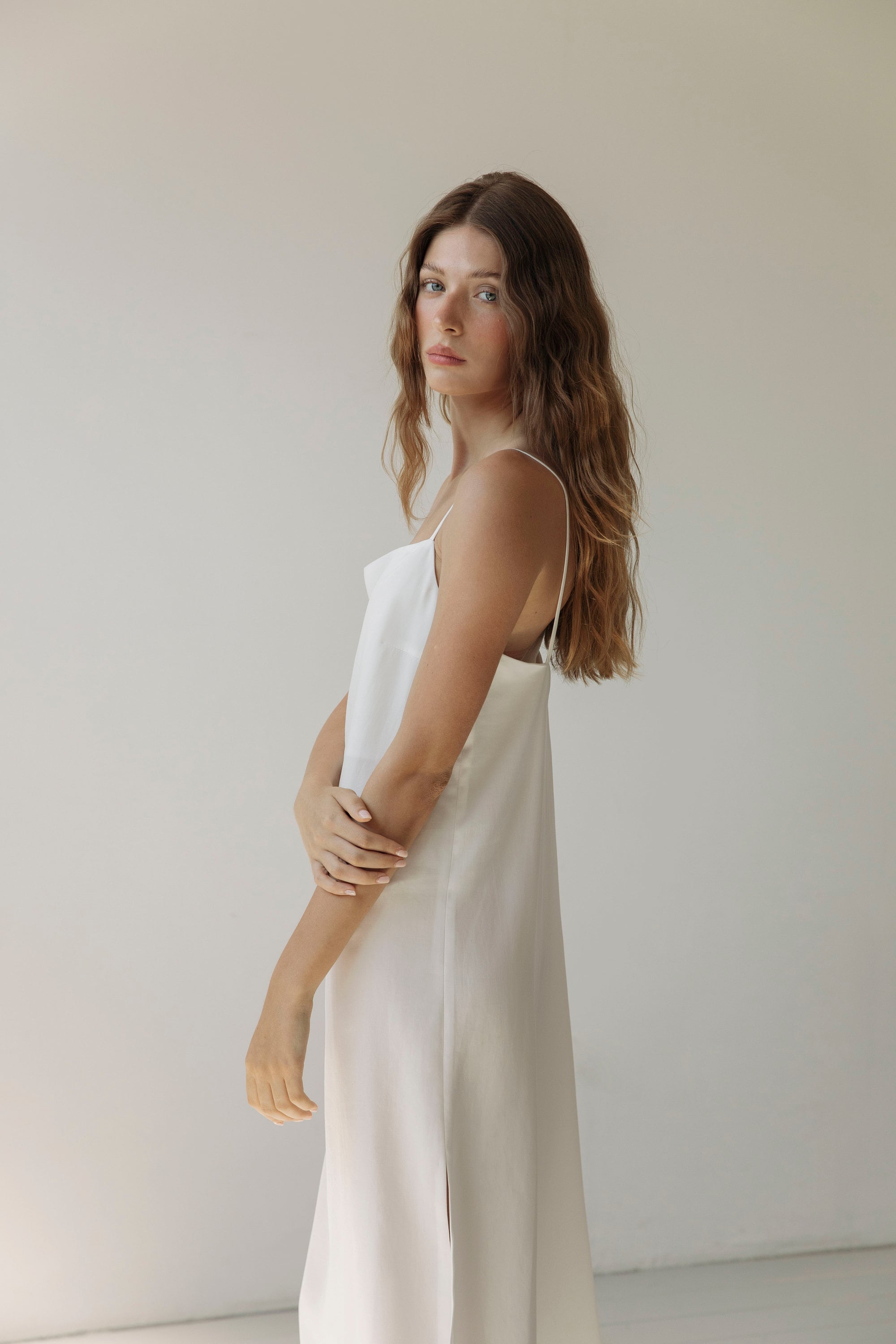 Minimalist White Tencel Midi Dress, Alternative Wedding Slip