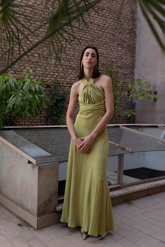 women's lime green dress Lime Green Wrap Satin Dress With Flutter Sleeves – Désir Couture main image 1