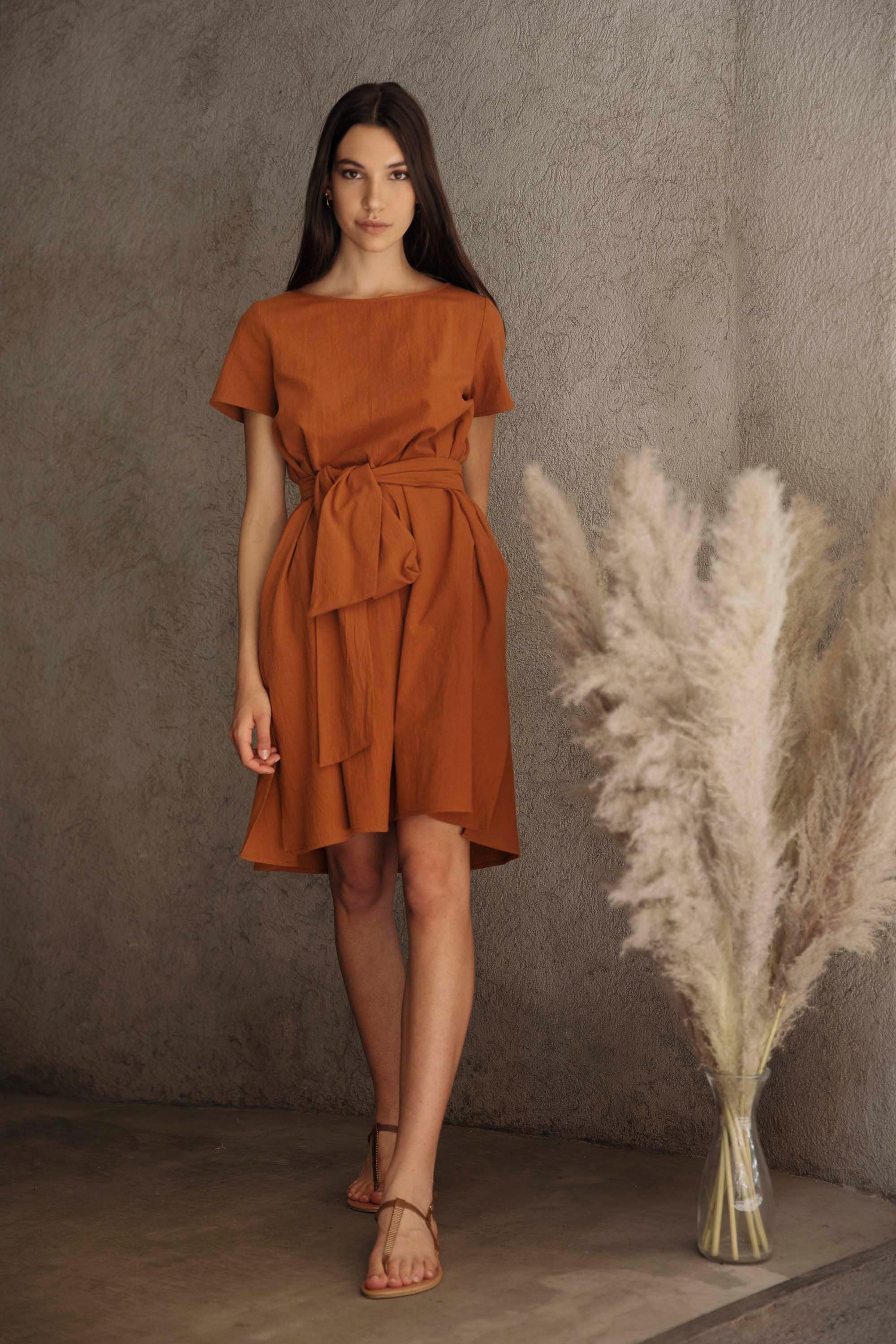 Cotton Dress With Tie Belt in Rust Shade / Elegant and Comfortable A-line Dress - Etsy Cotton Dress With Tie Belt in Rust Shade / Elegant and Comfortable A-line Dress - Etsy