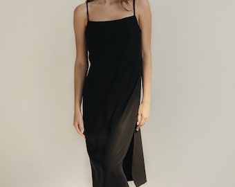 Tencel Slip Dress, 90s Minimalist Black Dress, Side Slit