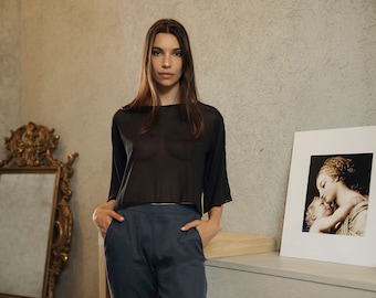 Sheer Black Silk blouse Crop top  Loose fit  Wardrobe Staple piece