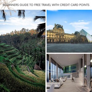 Op de afbeelding: Een reisgidsomslag met de titel "POINTS TO FLIGHTS" en de ondertitel "BEGINNERS GIDS VOOR GRATIS REIZEN MET CREDITCARDPUNTEN." De afbeelding bevat foto's van rijstterrassen, een museum en een moderne hotellobby.