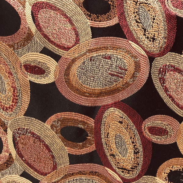 Tapestry upholstery fabric by the yard,Decor Fabric,color-yellow,burgundy,beige circles on black base,price per 1yard ,ready to ship, W-54”.