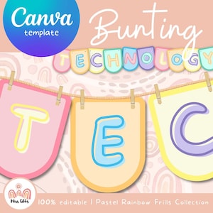 Technology classroom bunting | Rainbow Pastel Frills Collection | Customisable Canva Template