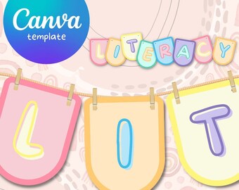 Literacy classroom bunting | Rainbow Pastel Frills Collection | Customisable Canva Template