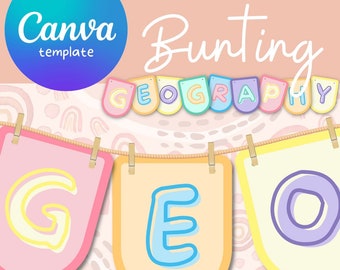 Geography classroom bunting | Rainbow Pastel Frills Collection | Customisable Canva Template