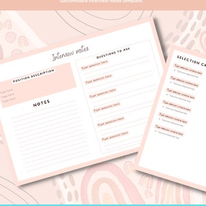 May include: A printable interview notes template with sections for position description, notes, questions to ask, and selection criteria. The template has a pink background with abstract rainbow designs.