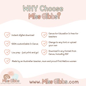 K&ouml;nnte beinhalten: Eine rosa und blaue Grafik mit dem Text "WHY Choose Miss Gibbs?" und einer Liste von Gr&uuml;nden, sich f&uuml;r Miss Gibbs zu entscheiden. Die Gr&uuml;nde sind: Sofortiger digitaler Download, 100 % anpassbar in Canva, Wenig Vorbereitung &ndash; einfach ausdrucken und loslegen!, Canva for Education ist f&uuml;r Lehrkr&auml;fte kostenlos, &Auml;ndern Sie die Schriftart oder laden Sie Ihre eigene hoch, Herunterladen in jedem Format von Canva, einschlie&szlig;lich PDF, Erstellt von einer australischen Lehrerin, Mutter und stolzen First Nations-Frau. Die Grafik enth&auml;lt auch den Text "Miss Gibbs" und "www.Miss Gibbs.com".