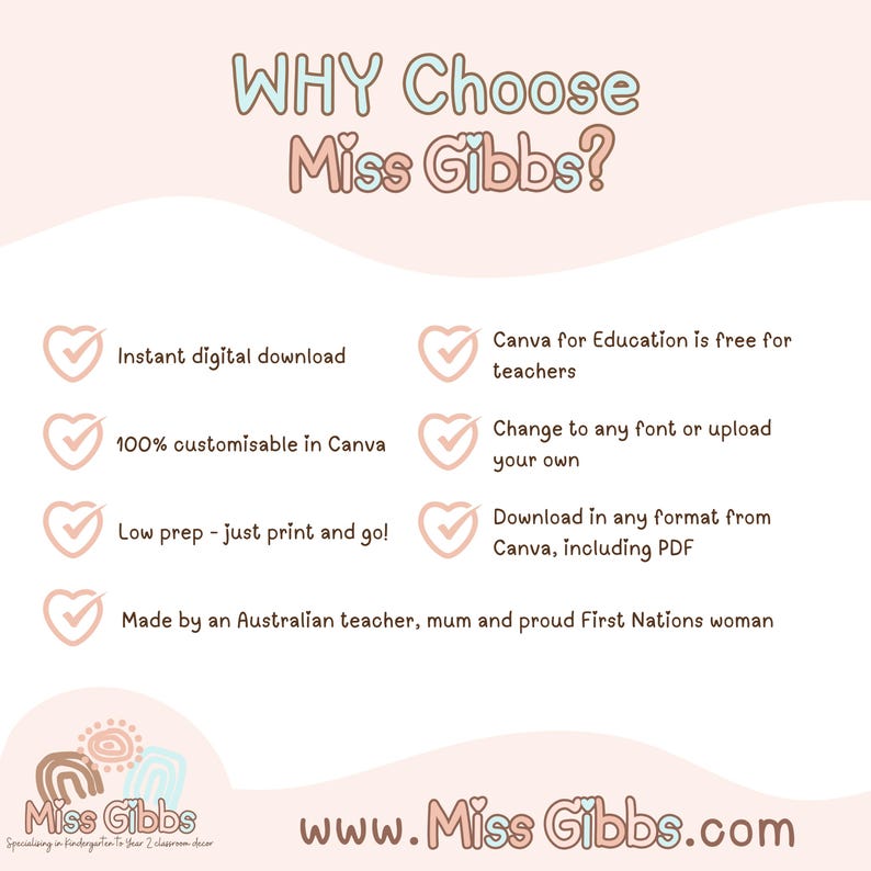 K&ouml;nnte beinhalten: Eine rosa und blaue Grafik mit dem Text "WHY Choose Miss Gibbs?" und einer Liste von Gr&uuml;nden, sich f&uuml;r Miss Gibbs zu entscheiden. Die Gr&uuml;nde sind: Sofortiger digitaler Download, 100 % anpassbar in Canva, Wenig Vorbereitung &ndash; einfach ausdrucken und loslegen!, Canva for Education ist f&uuml;r Lehrkr&auml;fte kostenlos, &Auml;ndern Sie die Schriftart oder laden Sie Ihre eigene hoch, Herunterladen in jedem Format von Canva, einschlie&szlig;lich PDF, Erstellt von einer australischen Lehrerin, Mutter und stolzen First Nations-Frau. Die Grafik enth&auml;lt auch den Text "Miss Gibbs" und "www.Miss Gibbs.com".