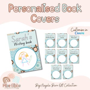May include: A set of printable book covers featuring a blue and brown patterned design with the text "Sarah's" and the name of the subject, such as "Writing book", "Handwriting book", "Journal", "Music book", "Literacy book", "History book", "Geography book", "Science book", and "Maths book". The covers are customizable in Canva.