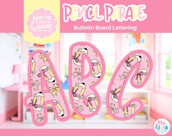 Lettres de tableau d'affichage avec noeud Coquette, lettrage rose pour salle de classe, décoration de salle de classe moderne au crayon pour la rentrée | Collection défilé de crayons