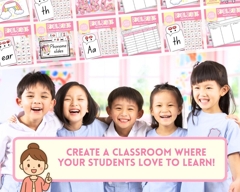 May include: A group of five smiling children with educational materials in the background. The materials include flashcards with letters and words. Text on the image reads: "CREATE A CLASSROOM WHERE YOUR STUDENTS LOVE TO LEARN!"