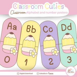 Classroom alphabet and number posters modern classroom decor for the classroom, homeschooler curriculum, Montessori | Editable in Canva