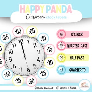 Pastel classroom clock labels modern classroom decor labels telling the time | Canva Template | Happy Panda theme