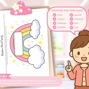 May include: A colorful educational printout featuring a rainbow and clouds, with the text "Rainbow Word Family." The printout is held on a clipboard with a pink flower clip. A cartoon illustration of a woman points to a speech bubble with customization options.