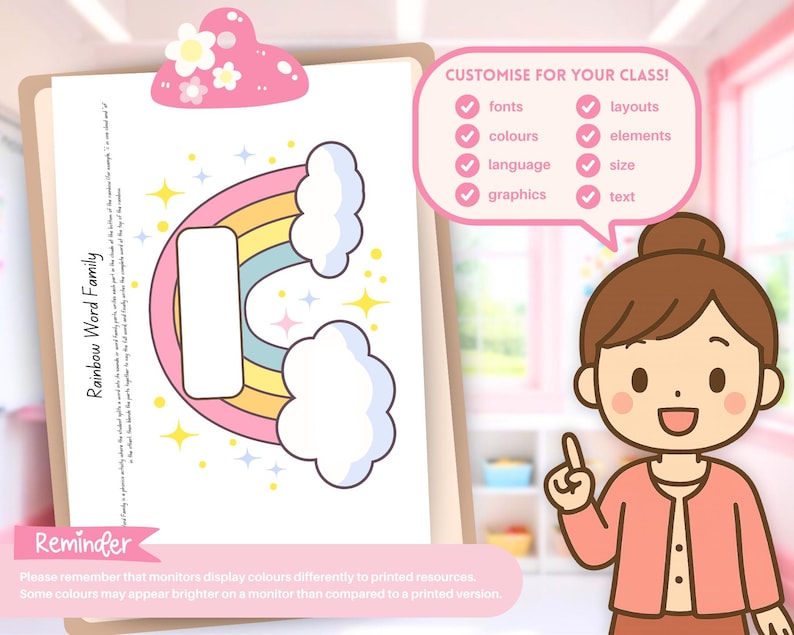 May include: A colorful educational printout featuring a rainbow and clouds, with the text "Rainbow Word Family." The printout is held on a clipboard with a pink flower clip. A cartoon illustration of a woman points to a speech bubble with customization options.