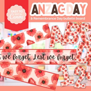Pacchetto di bacheche per decorazioni per l'aula del Giorno dell'ANZAC e decorazioni per l'aula del Giorno della Memoria con papavero rosso / Modello Canva
