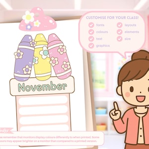 Peut inclure: Une page de calendrier imprimable pour novembre avec trois crayons pastel d&eacute;cor&eacute;s de fleurs. Une bulle de texte liste les options de personnalisation : polices, mises en page, couleurs, &eacute;l&eacute;ments, texte, taille et graphiques. Une note de rappel sur l'affichage des couleurs est incluse.