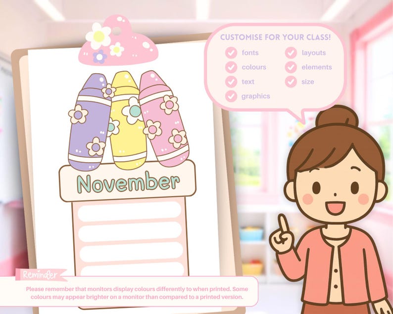 Peut inclure: Une page de calendrier imprimable pour novembre avec trois crayons pastel d&eacute;cor&eacute;s de fleurs. Une bulle de texte liste les options de personnalisation : polices, mises en page, couleurs, &eacute;l&eacute;ments, texte, taille et graphiques. Une note de rappel sur l'affichage des couleurs est incluse.