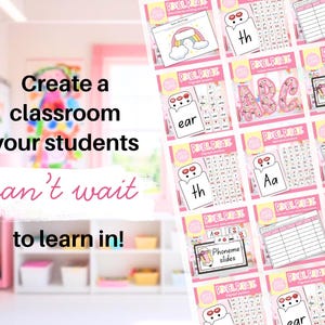 May include: Pink and white educational materials for classrooms. The image features flashcards with letters, words, and illustrations, including a rainbow and the letters "ABC". The text on the image says "Create a classroom your students can't wait to learn in!"