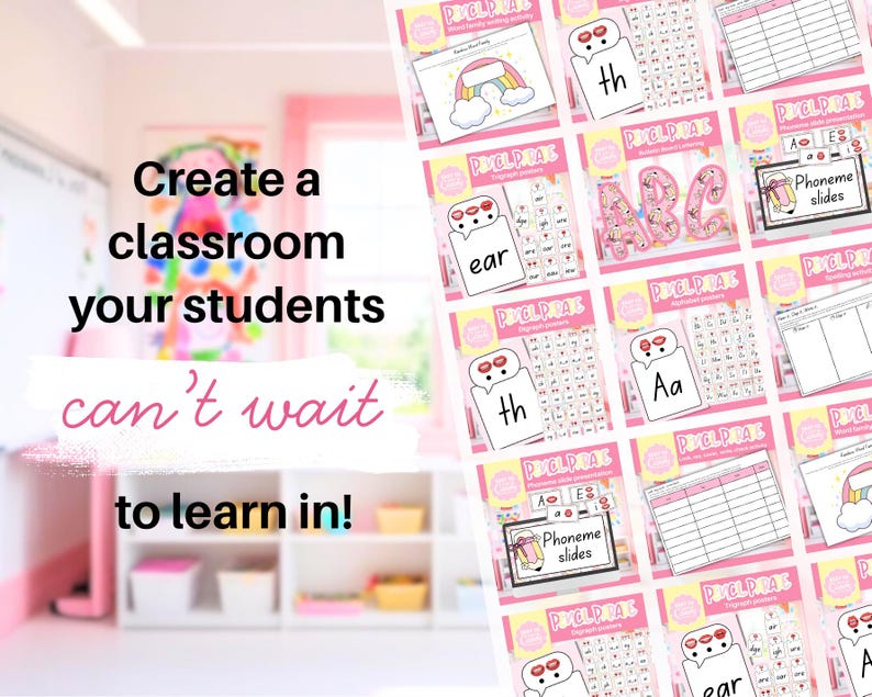 May include: Pink and white educational materials for classrooms. The image features flashcards with letters, words, and illustrations, including a rainbow and the letters "ABC". The text on the image says "Create a classroom your students can't wait to learn in!"