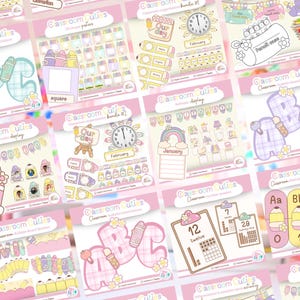 Peut inclure: Une collection num&eacute;rique de d&eacute;corations de classe Classroom Cuties comprenant des lettres de l'alphabet, des affiches de nombres, des calendriers d'anniversaires et des &eacute;tiquettes avec des motifs de crayons, pr&eacute;sent&eacute;s en grille.