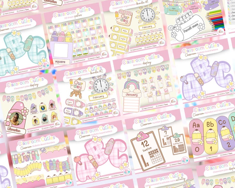 Peut inclure: Une collection num&eacute;rique de d&eacute;corations de classe Classroom Cuties comprenant des lettres de l'alphabet, des affiches de nombres, des calendriers d'anniversaires et des &eacute;tiquettes avec des motifs de crayons, pr&eacute;sent&eacute;s en grille.